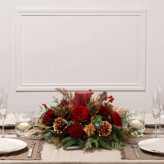 Scarlet Noel Fresh Flower Candle Arrangement Medium