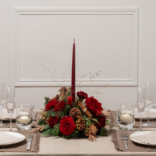 Scarlet Noel Fresh Flower Candle Arrangement Small